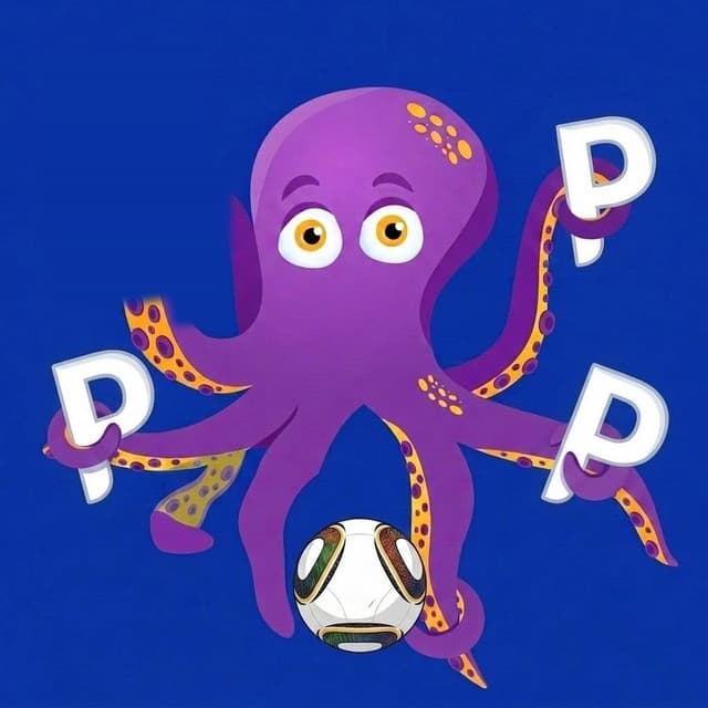 Poly Paul octopus mascot holding the trophy and football
